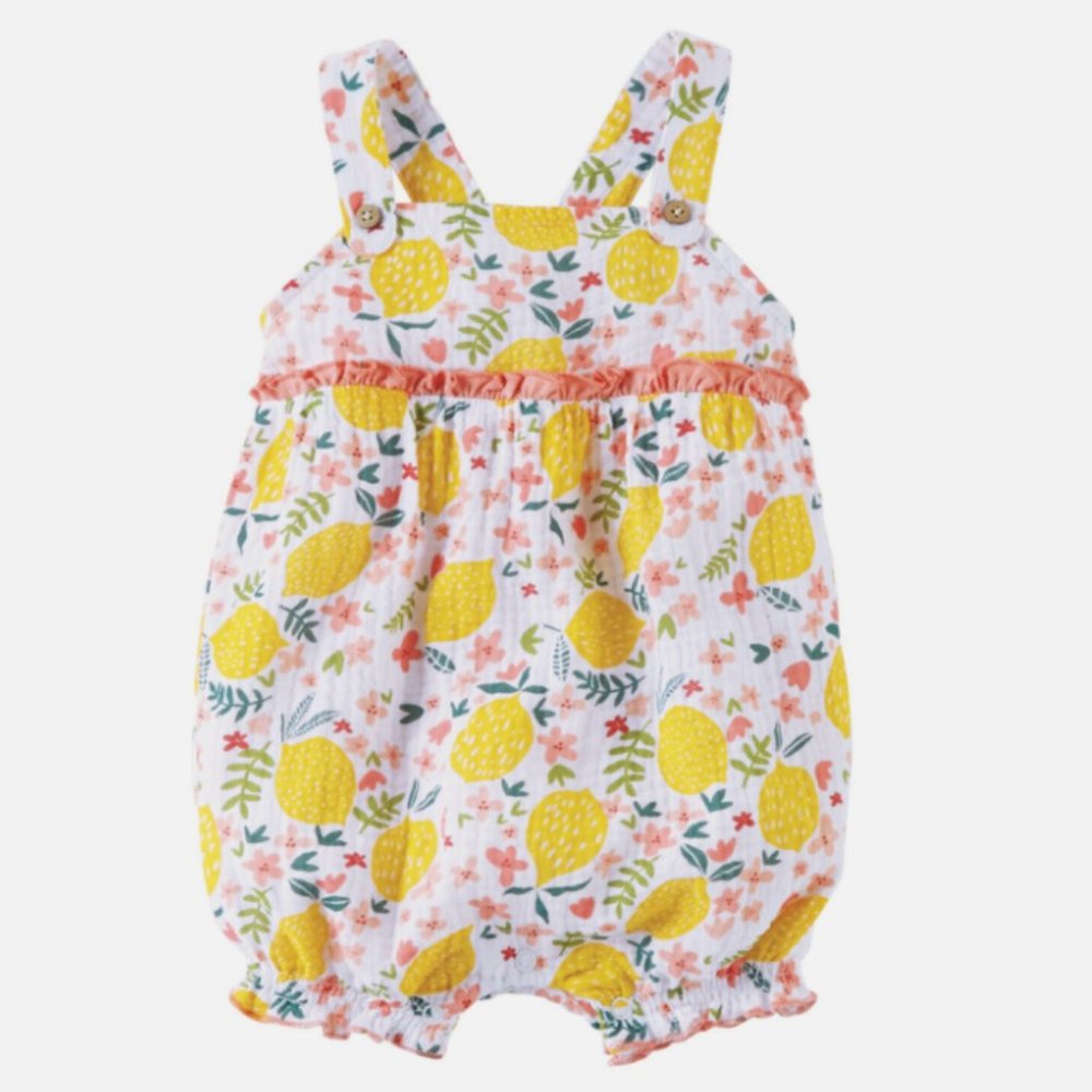 NWOT Mud Pie Lemon Print with Pink Ruffle Detail Overall Bubble